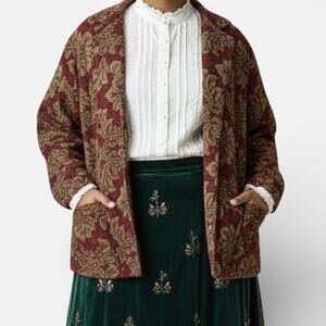 Vintage Red Beige Floral Tapestry Boxy Blazer Jacket Sz XXL